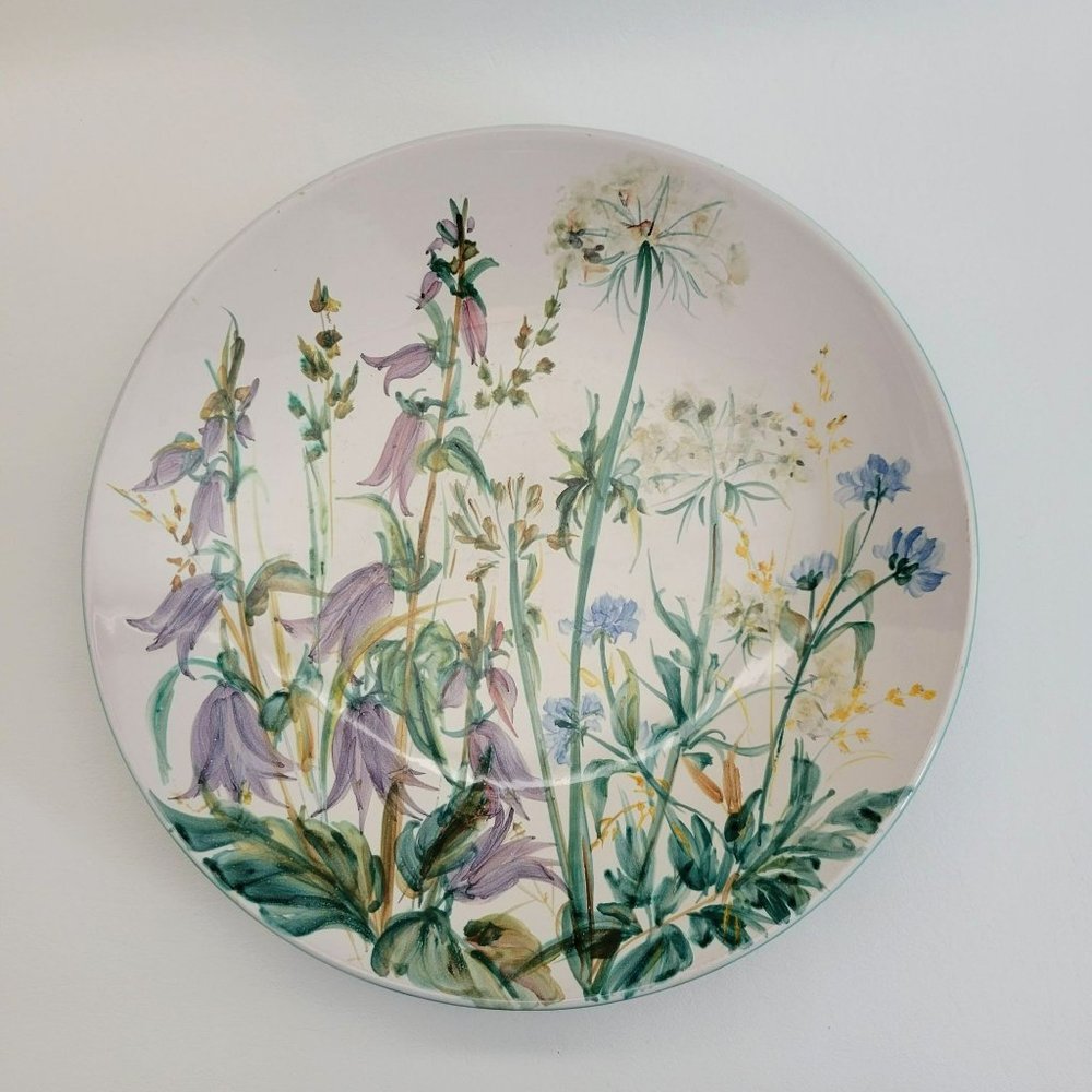 Floral Artisan Pottery Low Bowl, 11.50" Round Wall Floral Decor, Hand Painted Wi - Picture 1 of 10